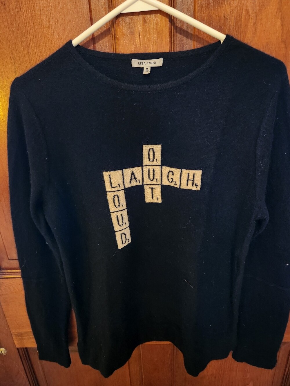 Lisa Todd Black Crewneck Sweater with Scrabble Tile Motif